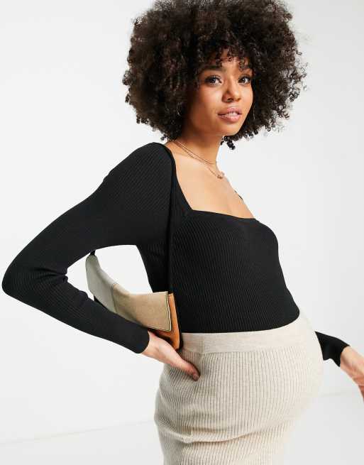 ASOS DESIGN Maternity sweater in rib with square neck in black, 3 of 4