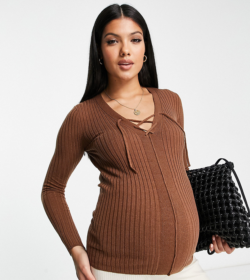 ASOS DESIGN Maternity sweater with lace up detail in brown