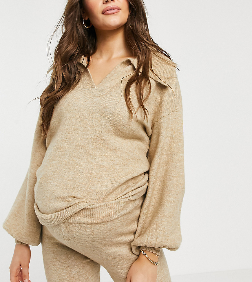 ASOS DESIGN Maternity sweater with open collar detail in oatmeal - part of a set-Neutral