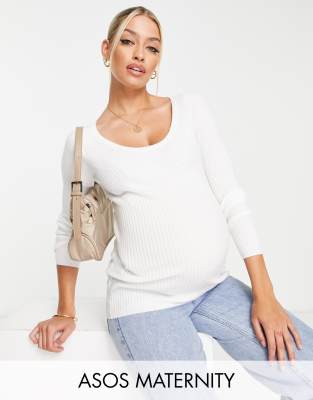ASOS Maternity ASOS DESIGN Maternity sweater with scoop neck with rib bust detail in cream-White