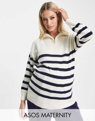 ASOS DESIGN Maternity sweater with zip neck in navy white stripe-Multi