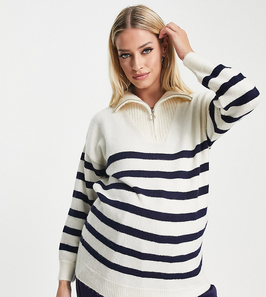 ASOS DESIGN Maternity sweater with zip neck in navy white stripe-Multi