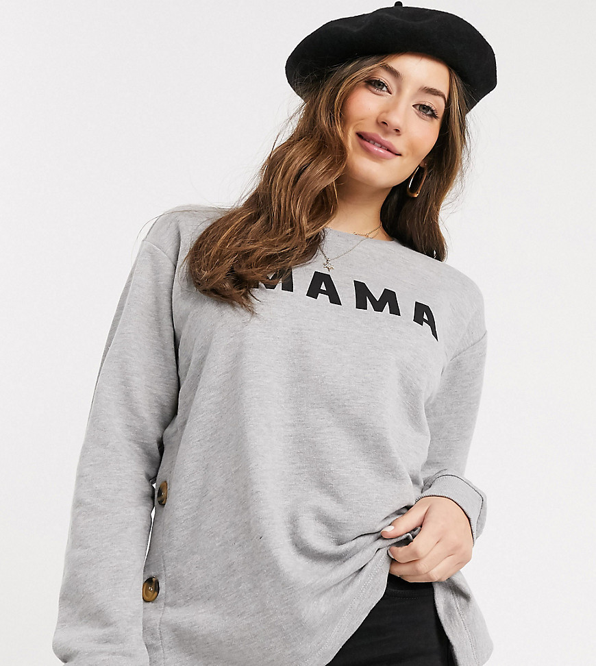 ASOS DESIGN Maternity – Sweatshirt för amning med knappar i sidan och Mama-tryck-Grå