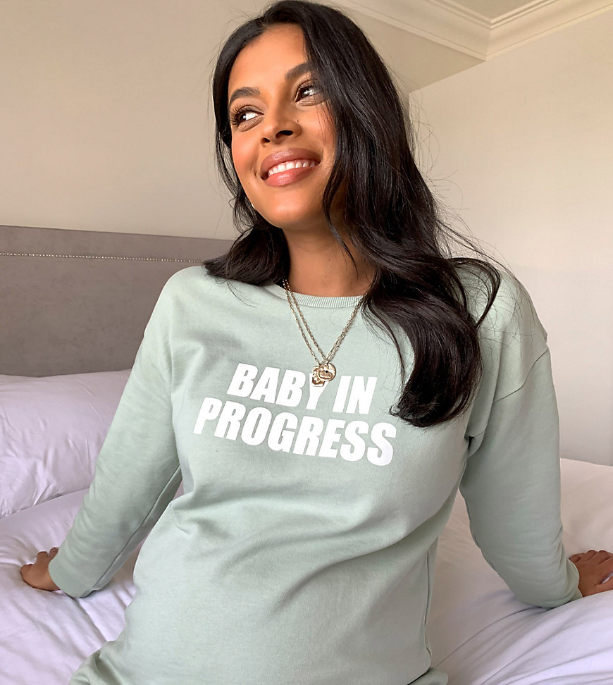 ASOS DESIGN Maternity – Sweatshirt med Baby in Progress-text-Grön