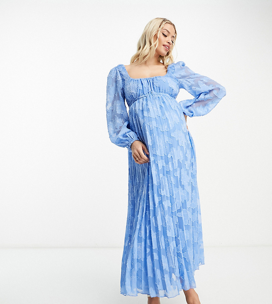 ASOS DESIGN Maternity sweetheart neckline burnout pleated midi dress in cornflower blue