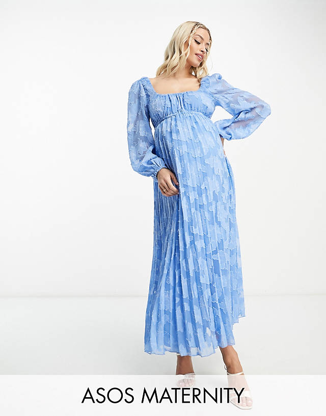 ASOS Maternity - ASOS DESIGN Maternity sweetheart neckline burnout pleated midi dress in cornflower blue