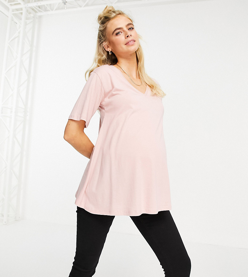 ASOS DESIGN Maternity swing t-shirt with v-neck in blush-Pink
