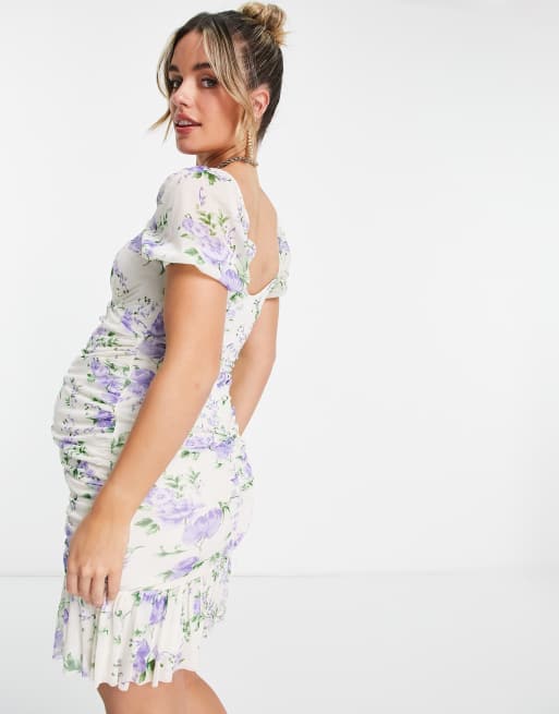 ASOS DESIGN Maternity – Syrénlila, småblommig miniklänning med rynkning framtill, 2 av 4