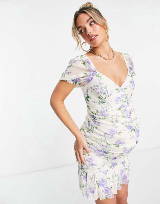 ASOS DESIGN Maternity – Syrénlila, småblommig miniklänning med rynkning framtill, 4 av 4