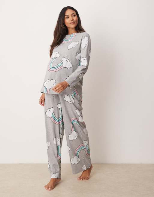 ASOS DESIGN Maternity – Szara melanżowa piżama z motywem tęczy: top z długimi rękawami i spodnie