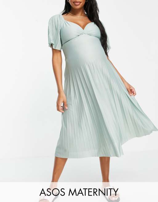 ASOS DESIGN Maternity – Szałwiowa plisowana sukienka midi z ozdobnie skręconym tyłem i krótkim rękawem kimonowym