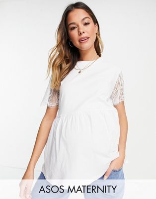 T-shirts et débardeurs DESIGN Maternity - T-shirt à smocks avec manches en dentelle - Blanc