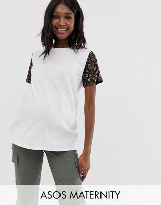 ASOS DESIGN Maternity – T-shirt med kontrasterande småmönstrad ärm-Flerfärgad