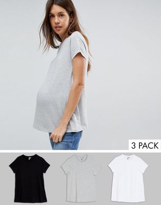ASOS DESIGN Maternity – T-shirt med rund halsringning i 3-pack spara-Flerfärgad