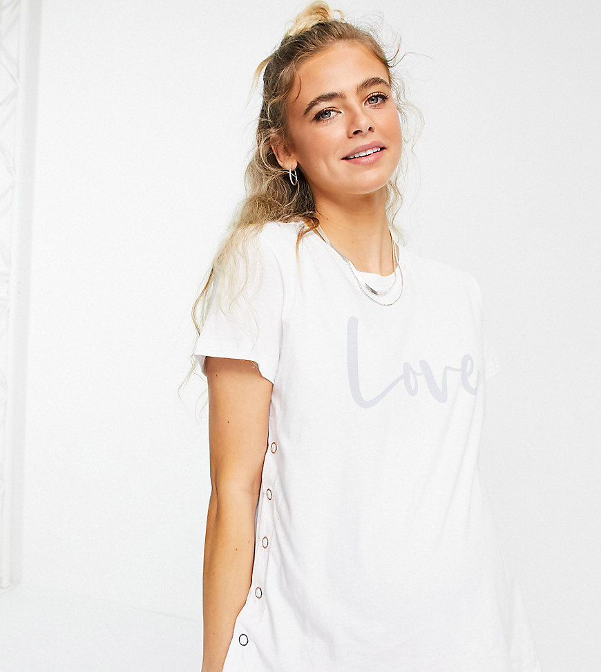ASOS DESIGN Maternity - T-shirt met borstvoedingsfunctie, 'Love' print en drukknopen aan de zijkant-Wit