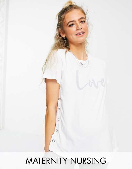 ASOS DESIGN Maternity - T-shirt met borstvoedingsfunctie, 'Love' print en drukknopen aan de zijkant