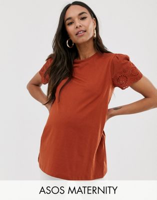 ASOS DESIGN Maternity - T-shirt met broderie mouwen in roestbruin-Oranje