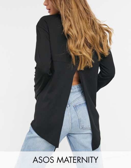 ASOS DESIGN Maternity - T-shirt met lange mouwen en split aan de achterkant in zwart