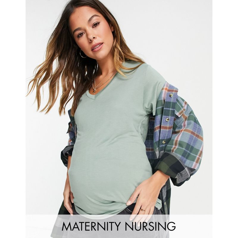 Donna Top DESIGN Maternity - T-shirt per l'allattamento con scollo a V, colore kaki