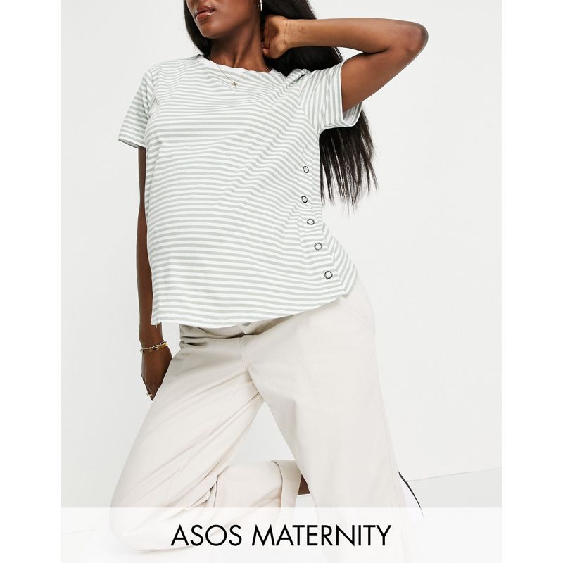 DESIGN Maternity - T-shirt per l'allattamento kaki a righe con bottoni a pressione laterali