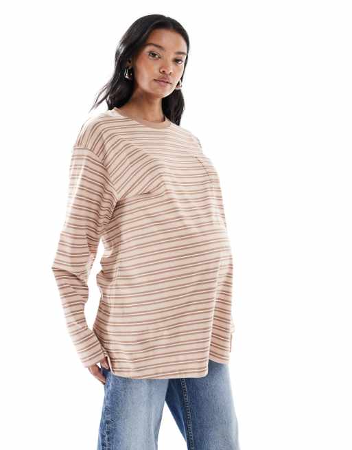 ASOS DESIGN Maternity – T-shirt skater o fasonie oversize z długimi rękawami w paski w kolorze neutralnym