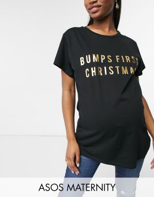 ASOS DESIGN Maternity T-shirt with 'Bumps First Christmas' slogan in black