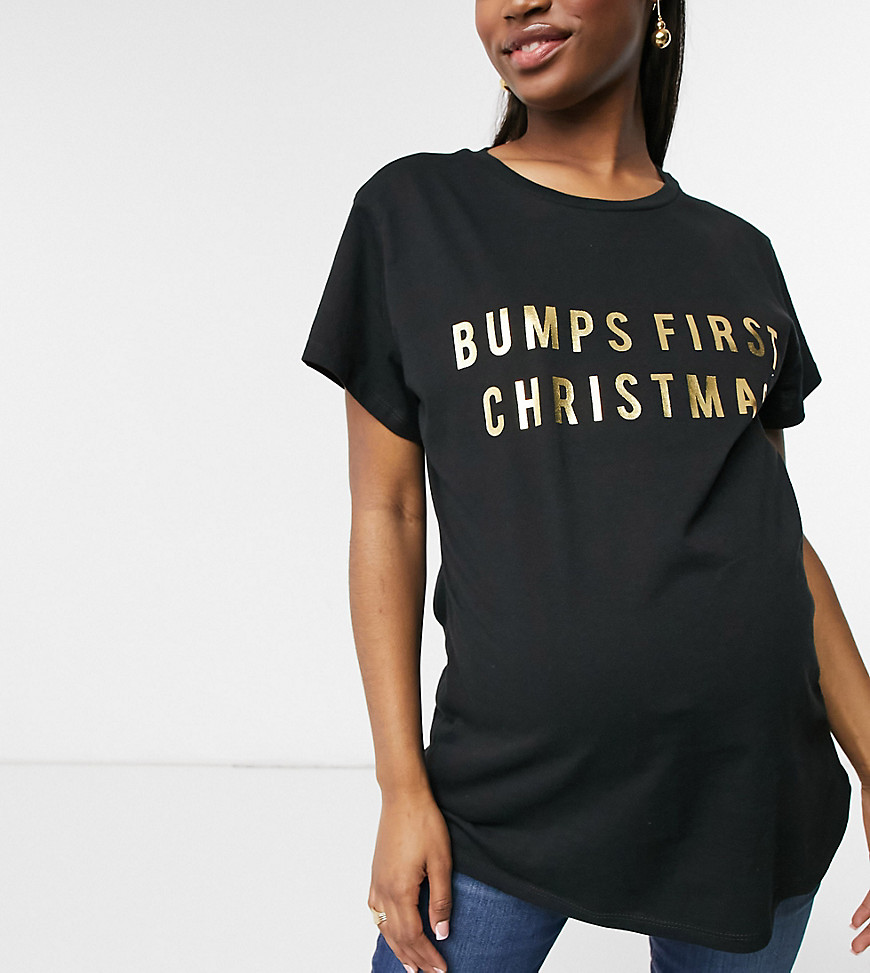 ASOS DESIGN Maternity T-shirt with 'Bumps First Christmas' slogan in black