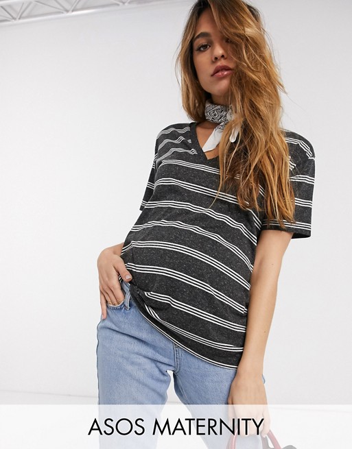 ASOS DESIGN Maternity t-shirt with v-neck in linen mix in charcoal with stripe