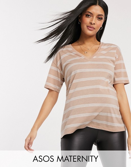 ASOS DESIGN Maternity t-shirt with v-neck in linen mix in sand with stripe