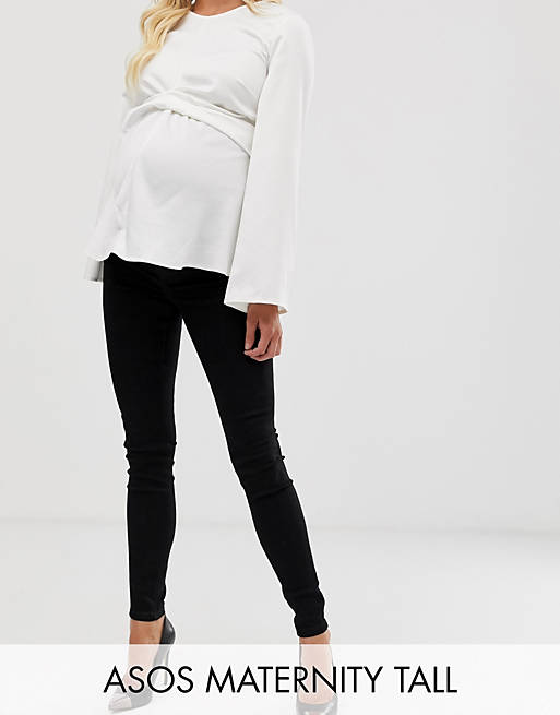 ASOS DESIGN Maternity Tall high rise ridley 'skinny' jeans in clean black with over the bump waistband