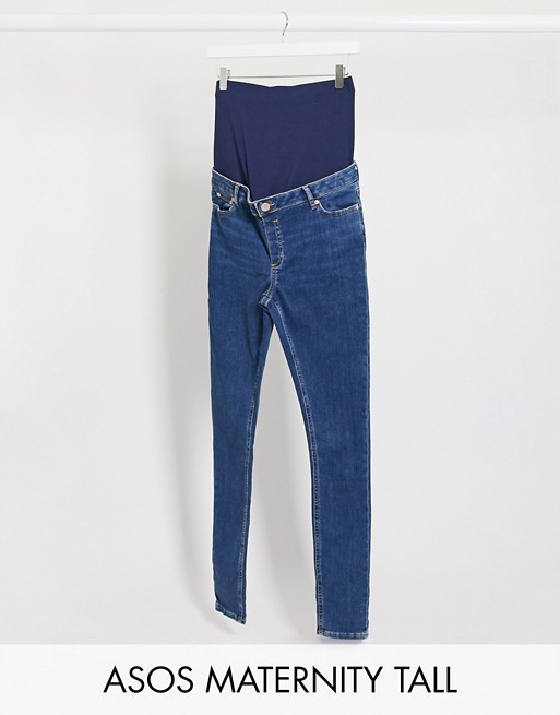 ASOS DESIGN Maternity Tall high rise ridley 'skinny' jeans in bright midwash blue with over bump waistband