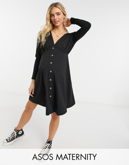 Asos Design Maternity Tea Dress With Long Sleeves And Horn Buttons In Black Asos 