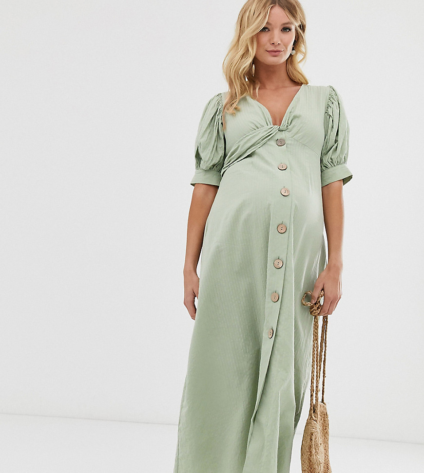 ASOS DESIGN Maternity – Tea-klänning i maxilängd med knappar och snurrad knut framtill i bäckebölja-Grön