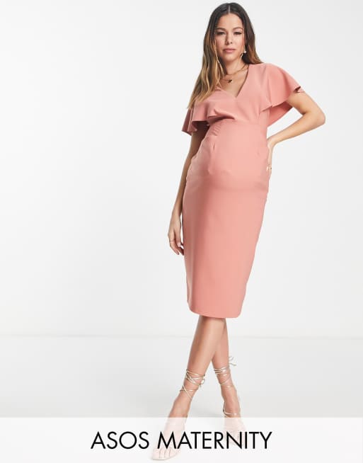 ASOS DESIGN Maternity – Terrakottaröd fodralklänning i midilängd med utställda ärmar