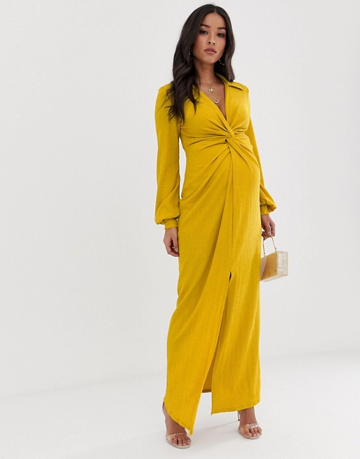 ASOS DESIGN maternity textured drape shirt maxi dress with knot detail ...