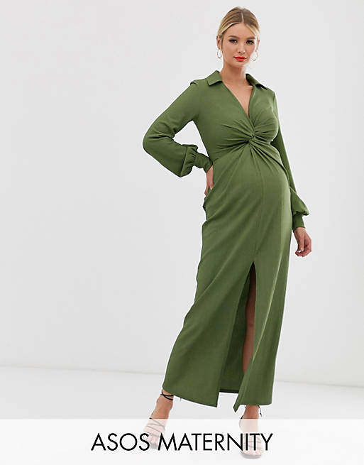 ASOS DESIGN Maternity textured drape shirt maxi dress with knot detail ...