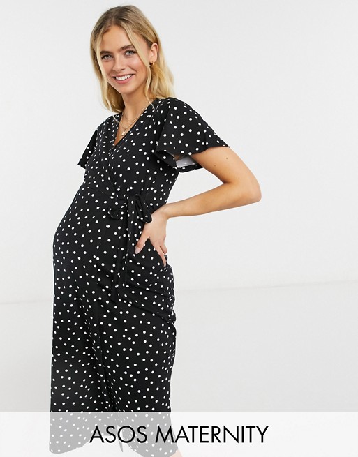 ASOS DESIGN Maternity textured midi wrap dress with flutter sleeve in black and white spot