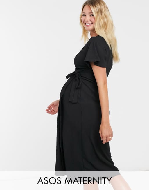 ASOS DESIGN Maternity textured midi wrap dress with flutter sleeve in ...