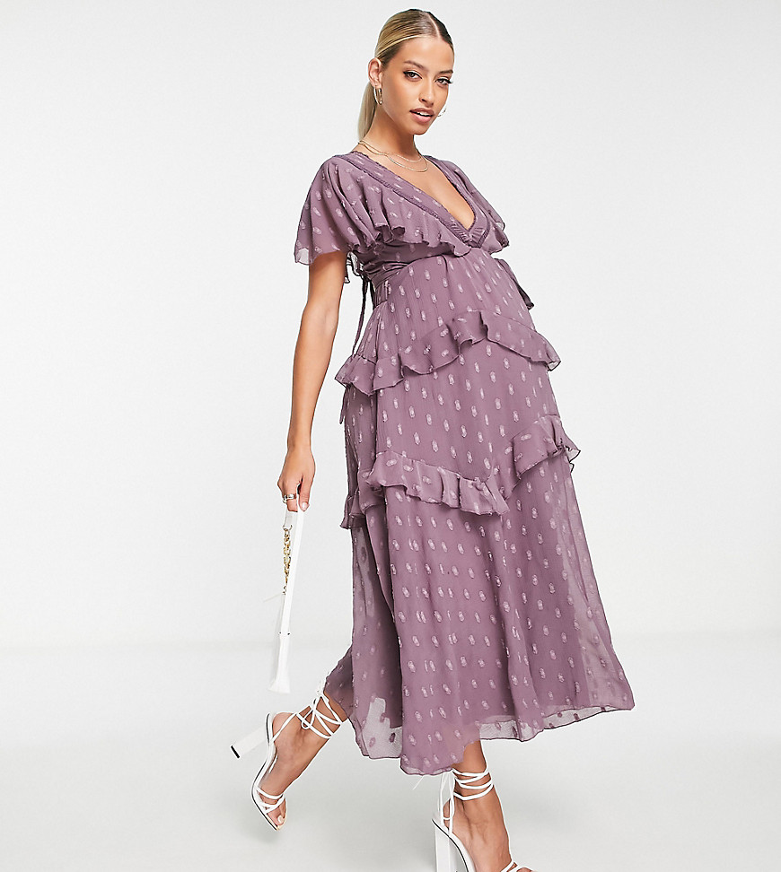ASOS DESIGN Maternity textured tiered midi dress with lace insert and open back in mauve-Purple