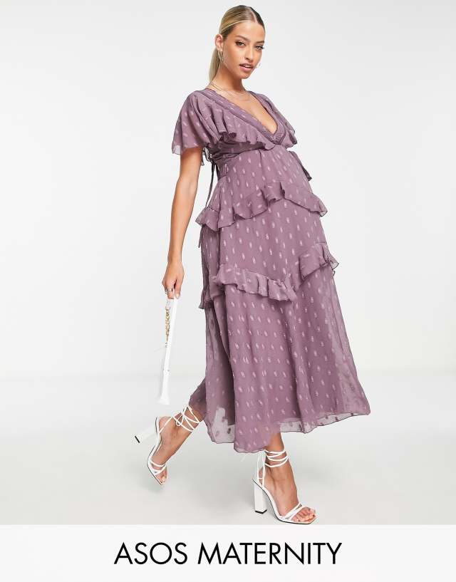 ASOS DESIGN Maternity textured tiered midi dress with lace insert and open back in mauve