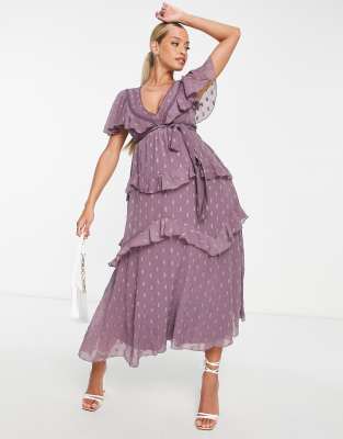 ASOS DESIGN Maternity textured tiered midi dress with lace insert and open  back in mauve | ASOS