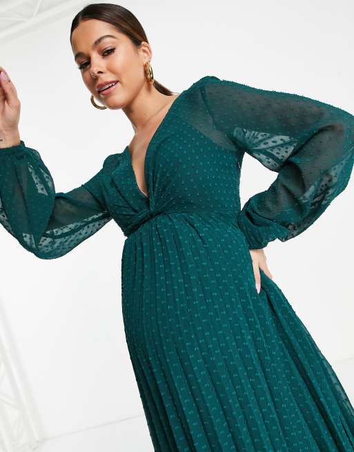 ASOS DESIGN Maternity textured twist front pleated midi dress in forest green