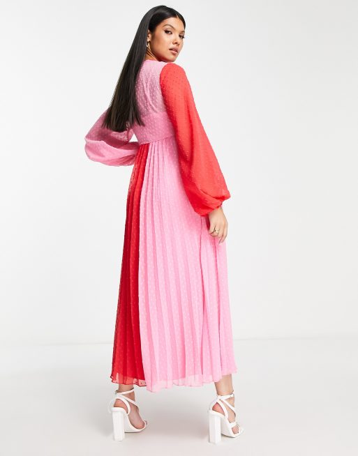 Twisted Front Satin Color Block Midi Dress - Fuchsia/Orange, color