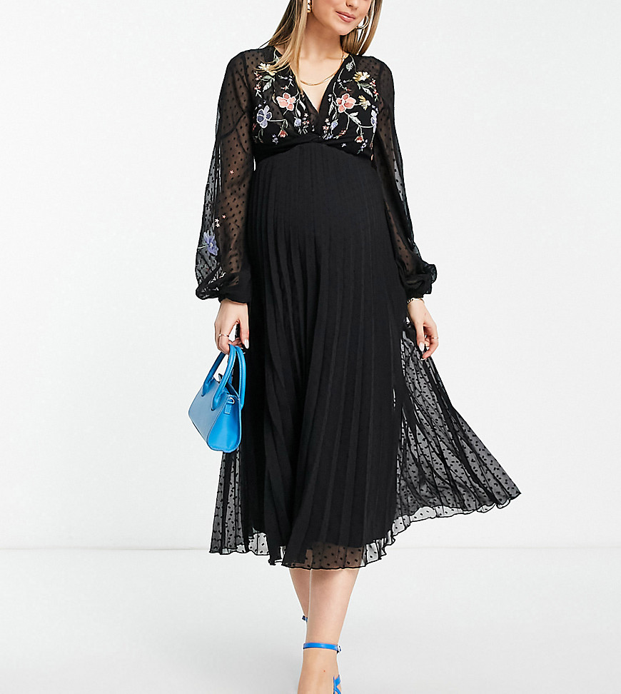 ASOS DESIGN Maternity textured twist front pleated midi dress with all over embroidery in black