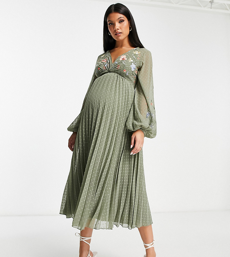 ASOS DESIGN Maternity textured twist front pleated midi dress with all-over embroidery in khaki-Green
