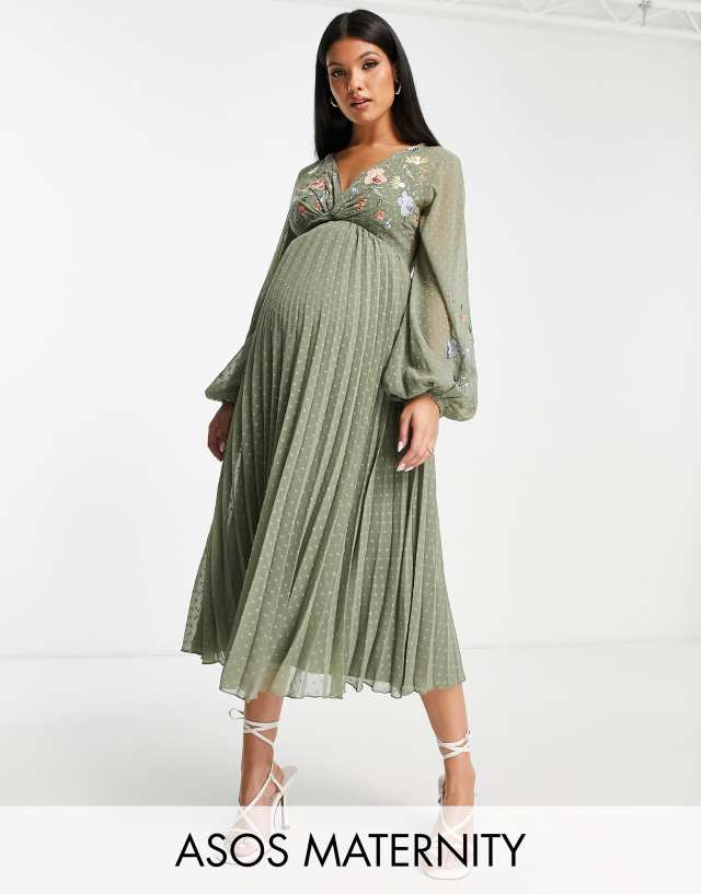 ASOS DESIGN Maternity textured twist front pleated midi dress with all-over embroidery in khaki