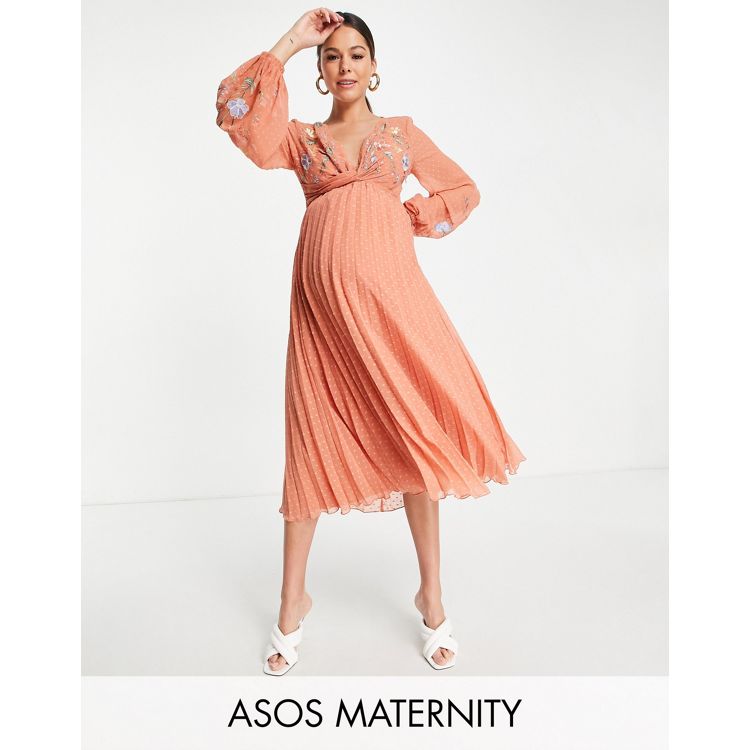 ASOS DESIGN Maternity textured twist front pleated midi dress with all-over  embroidery in khaki
