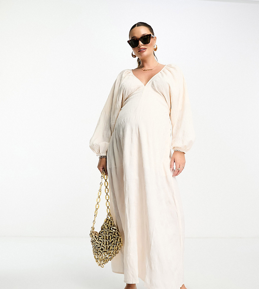 ASOS DESIGN Maternity textured v neck batwing midi dress in cream-White