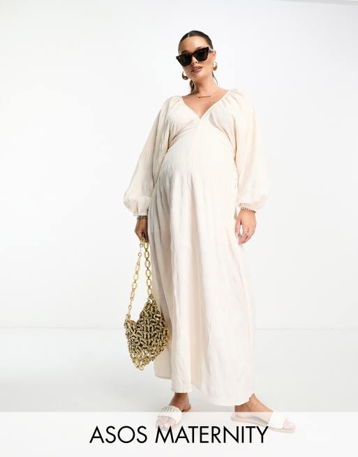 ASOS DESIGN Maternity textured v neck batwing midi dress in cream