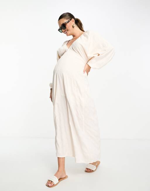 ASOS DESIGN Maternity textured v neck batwing midi dress in cream